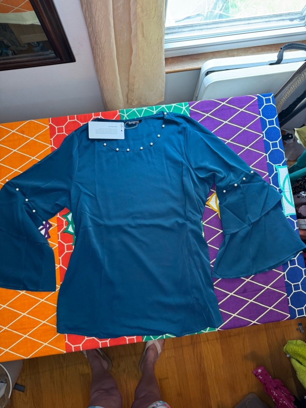 Pearl-Trim Bell Sleeve Top - Teal Bloomchic 10/12
